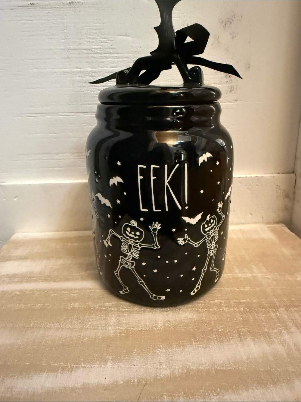 Rae Dunn Black Halloween 'EEK!' Ceramic Treat Jar with Dancing Skeletons